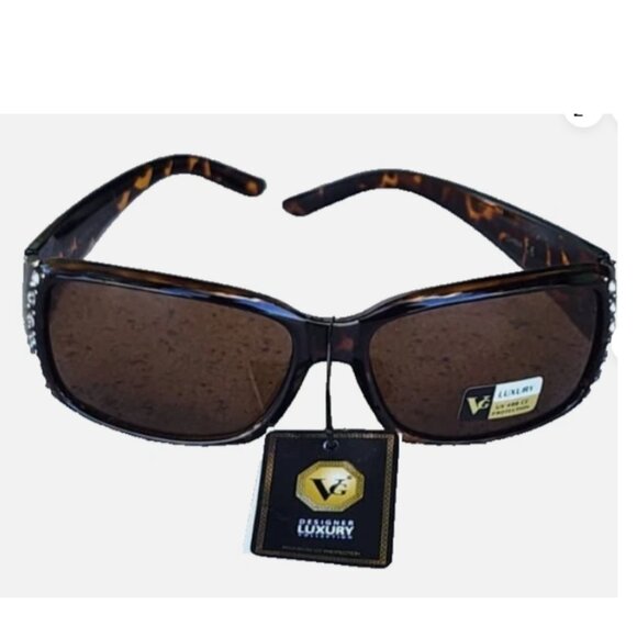 VG DESIGNER WOMEN’S SUNGLASSES BROWN RHINESTONE UV400 LUXURY EYEWEAR PROTECTION - Picture 1 of 7